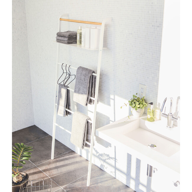 Leaning Ladder Rack With Shelf, White - Storage - 3