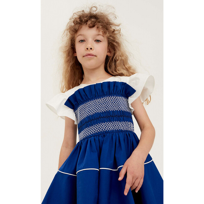 True Blue Poplin Dress With Frill, Aegean Blue - Dresses - 5