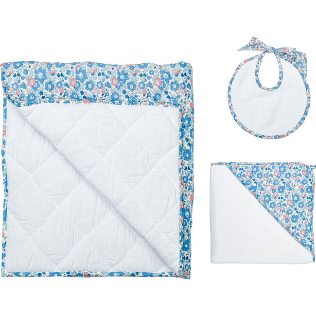 Hooded Towel, Newborn Bib And Playmat Gift Set, Betsy Blue Liberty