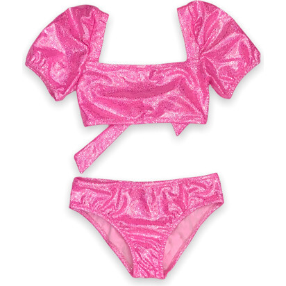 Daisy Bikini With Puffy Sleeves, Glitter Neon Pink