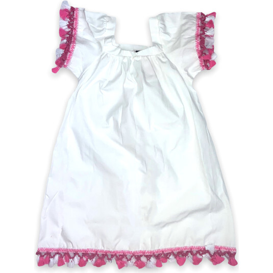 Penelope Cotton Dress Cover-Up With Fringes, White And Neon Pink