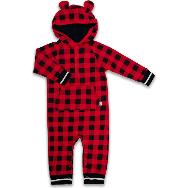 Buffalo Plaid Hooded Jumpsuit, Red - Rompers - 1