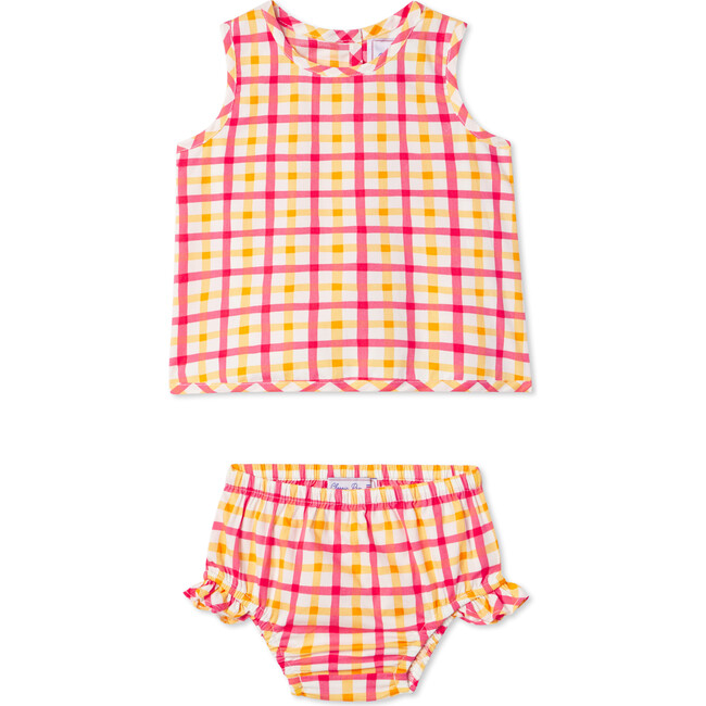 Poppy Aloha Watercolor Gingham Dress And Bloomer Set, Spicy Orange