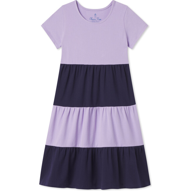 Holly Short Sleeve Tiered Colorblock Pique Dress, Purple