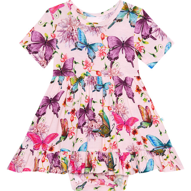 Watercolor Butterfly Short Sleeve Ruffled Bodysuit Dress, Pink
