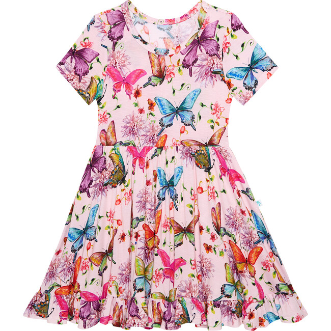 Watercolor Butterfly Short Sleeve Ruffled Twirl Dress, Pink