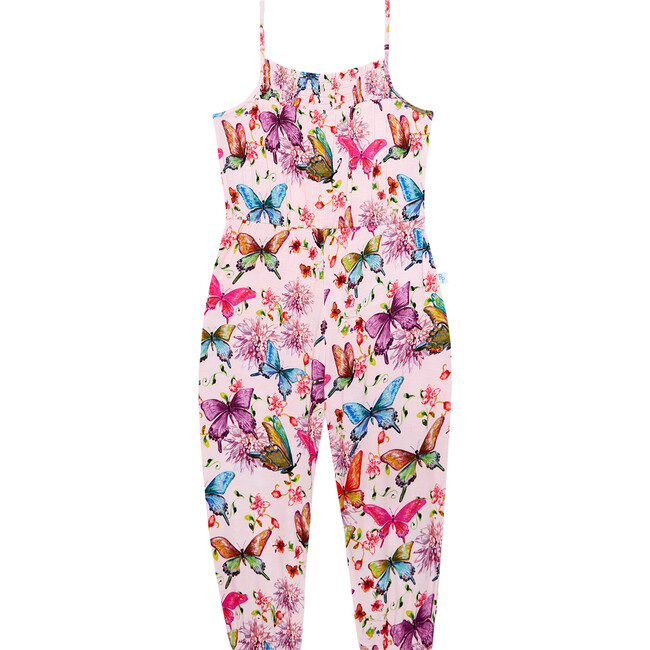 Watercolor Butterfly Smocked Spaghetti Jumpsuit, Pink - Rompers - 1