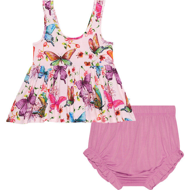 Watercolor Butterfly VNeck Tank Top Peplum & Bloomer Set, Pink - Dresses - 1