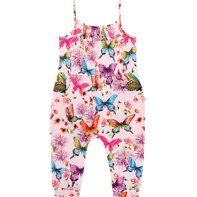 Watercolor Butterfly Smocked Spaghetti Jumpsuit with Snaps, Pink