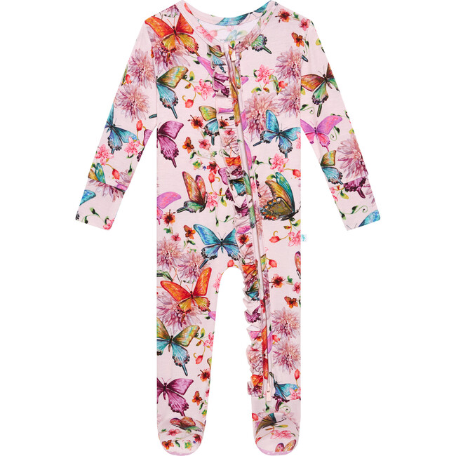 Watercolor Butterfly Footie Ruffled Zippered One Piece, Pink