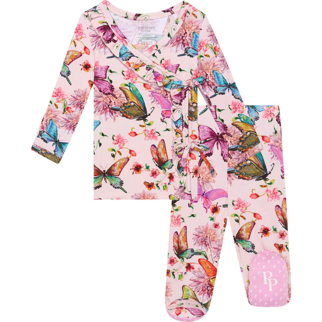 Watercolor Butterfly Tie Front Ruffled Kimono, Pink - Pajamas - 1