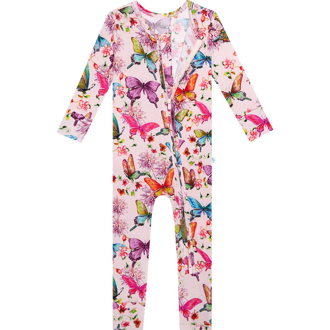Watercolor Butterfly Henley Ruffled Capsleeve Bubble Romper, Pink - Onesies - 1