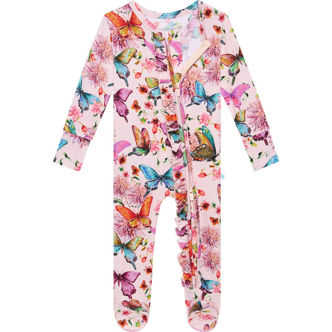 Watercolor Butterfly Footie Ruffled Zippered One Piece, Pink - Onesies - 2