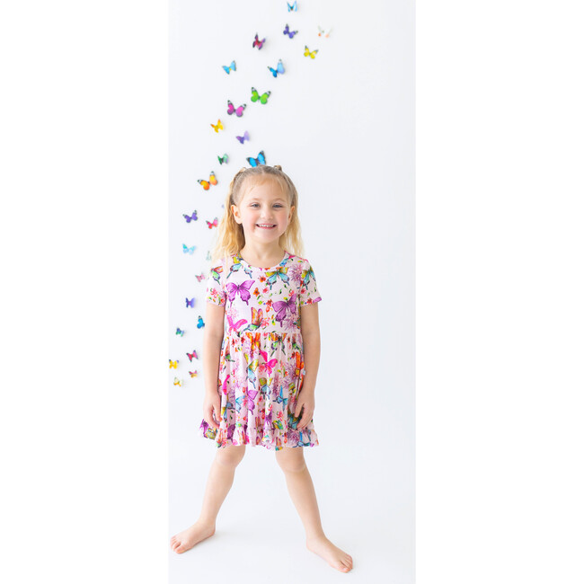 Watercolor Butterfly Short Sleeve Ruffled Twirl Dress, Pink - Dresses - 2