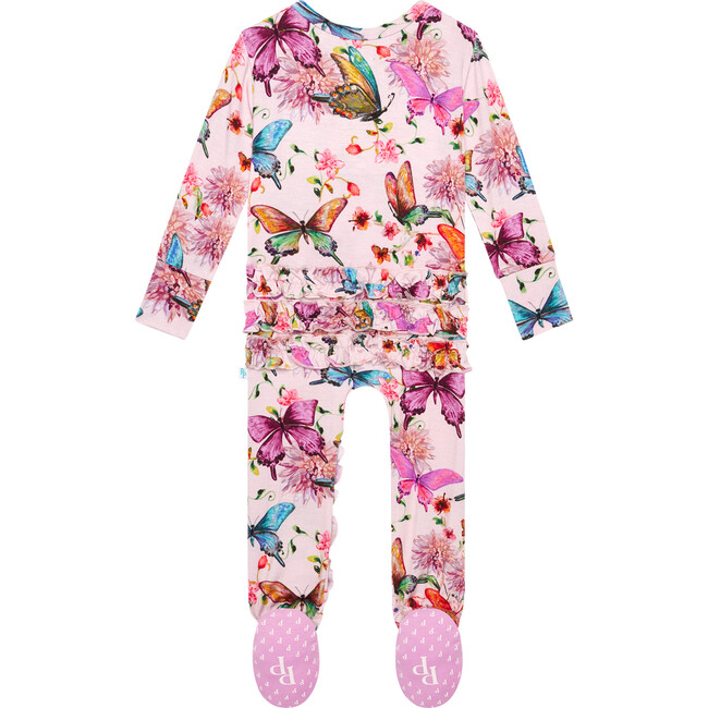 Watercolor Butterfly Footie Ruffled Zippered One Piece, Pink - Onesies - 3