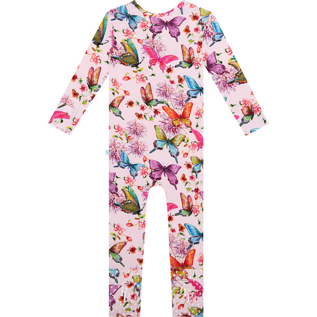 Watercolor Butterfly Henley Ruffled Capsleeve Bubble Romper, Pink - Onesies - 2