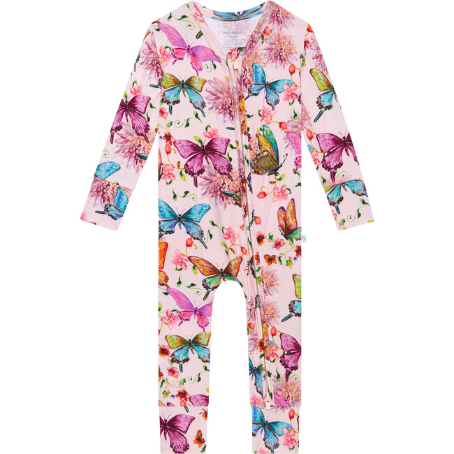 Watercolor Butterfly Footless Zippered One Piece, Pink - Onesies - 2