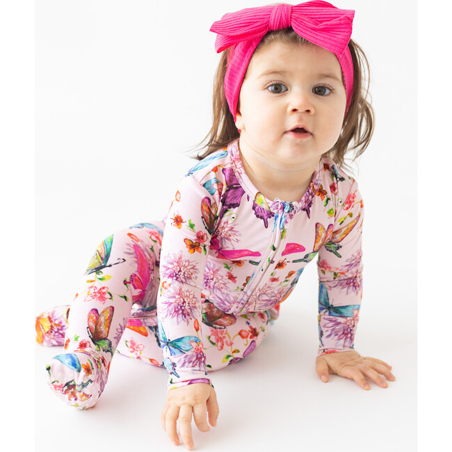 Watercolor Butterfly Henley Ruffled Capsleeve Bubble Romper, Pink - Onesies - 4