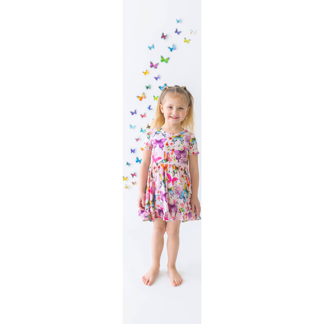 Watercolor Butterfly Short Sleeve Ruffled Twirl Dress, Pink - Dresses - 4