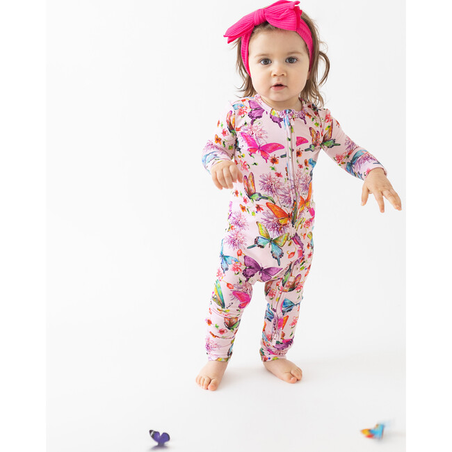 Watercolor Butterfly Henley Ruffled Capsleeve Bubble Romper, Pink - Onesies - 5