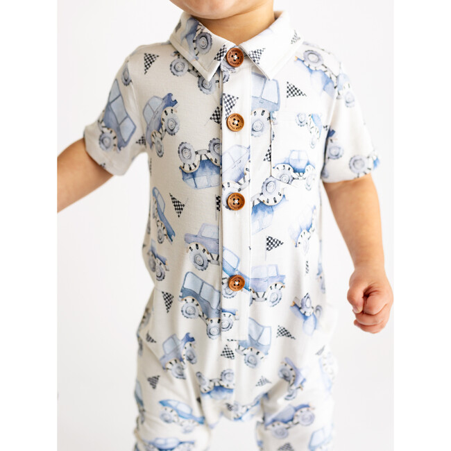 Franklin Short Sleeve Collared Henley Long Romper, Beige - Rompers - 3