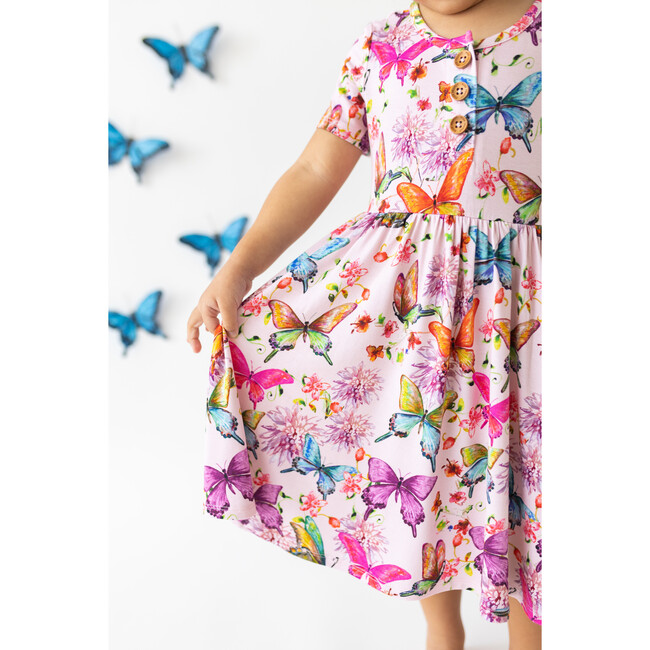 Watercolor Butterfly Short Sleeve Ruffled Twirl Dress, Pink - Dresses - 5