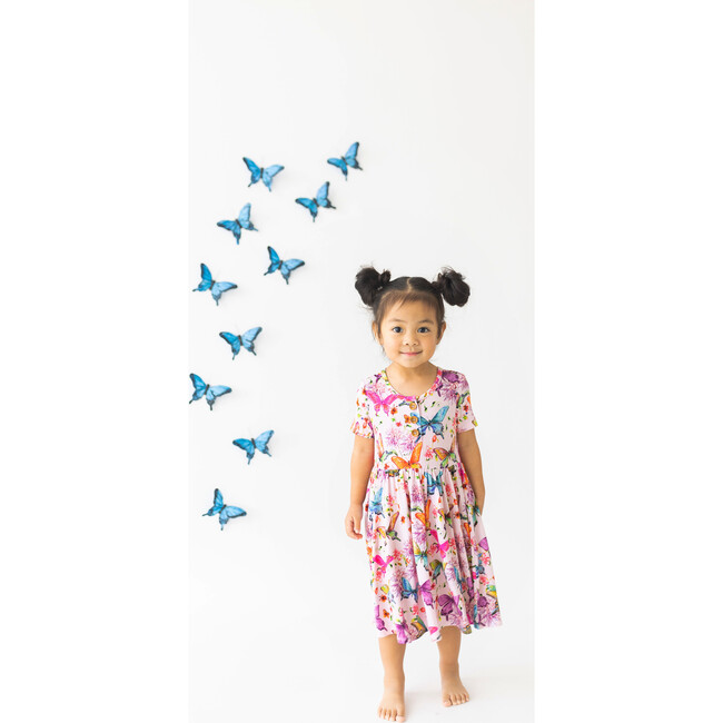 Watercolor Butterfly Short Sleeve Ruffled Twirl Dress, Pink - Dresses - 8