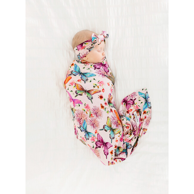 Watercolor Butterfly Infant Swaddle and Headwrap Set, Pink - Swaddles - 9