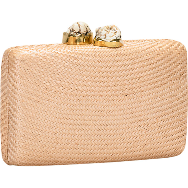 Women's Jen Woven Straw Clutch With White Stones, Toast - Bags - 1