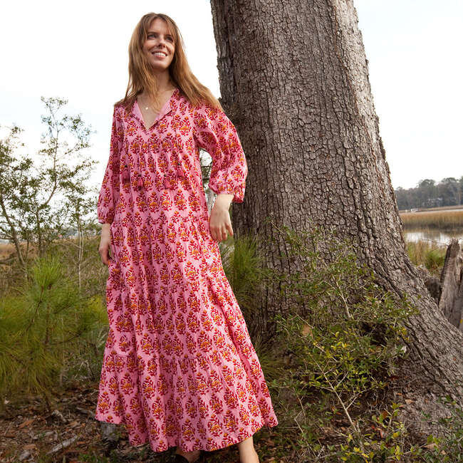 Women's Indira Long Sleeve Midmaxi Dress, Pink Posey Block Print - Dresses - 2