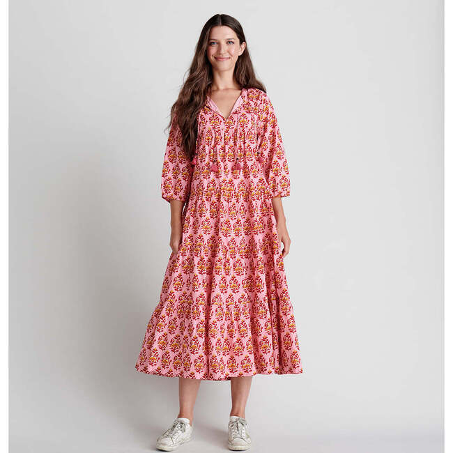 Women's Indira Long Sleeve Midmaxi Dress, Pink Posey Block Print - Dresses - 6