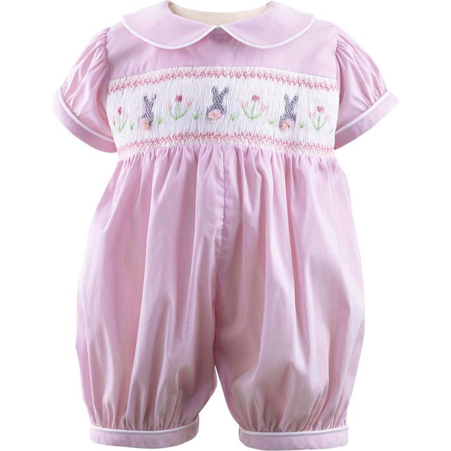 Bunny Hand-Smocked Babysuit, Pink Stripes And Ivory