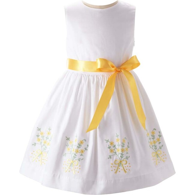 Embroidered Bouquet Dress With Sash Tie, Yellow