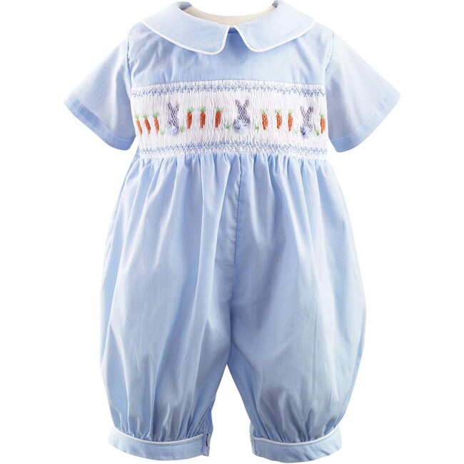 Bunny Hand-Smocked Babysuit, Blue Stripes And Ivory