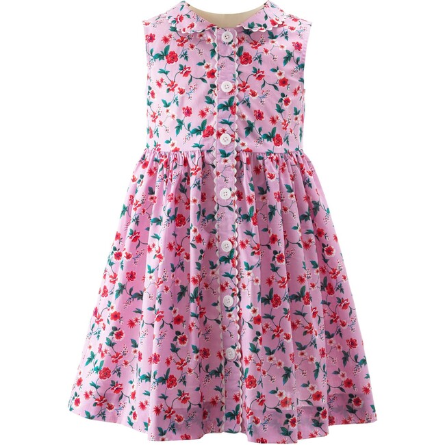 Botanical Button-Front Sleeveless Printed Dress, Pink