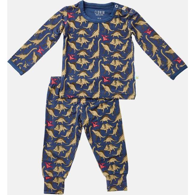 Dino Long Sleeve Pajama Set, Navy And Beige - Pajamas - 1