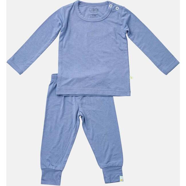 Long Sleeve Pajama Set With Shoulder Button, Blue Shadow - Pajamas - 1