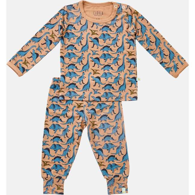 Dino Long Sleeve Pajama Set, Khaki And Blue - Pajamas - 1