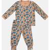 Dino Long Sleeve Pajama Set, Khaki And Blue - Pajamas - 1 - thumbnail
