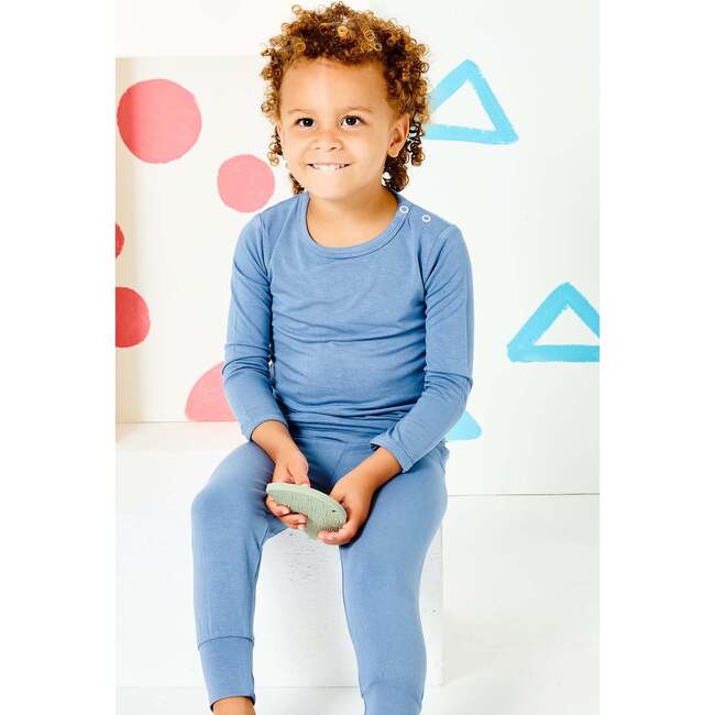 Long Sleeve Pajama Set With Shoulder Button, Blue Shadow - Pajamas - 2