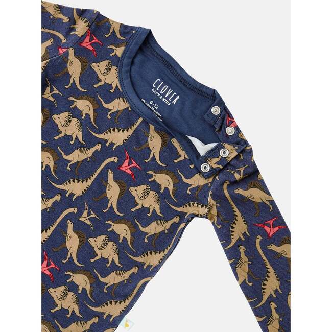 Dino Long Sleeve Pajama Set, Navy And Beige - Pajamas - 2
