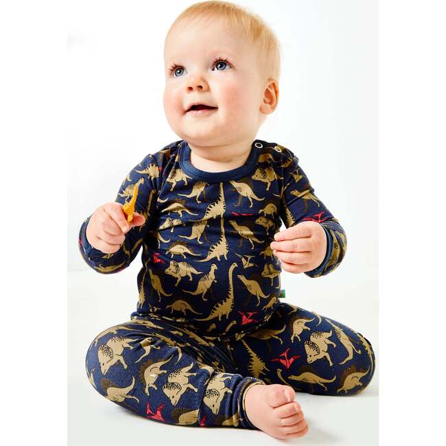 Dino Long Sleeve Pajama Set, Navy And Beige - Pajamas - 3