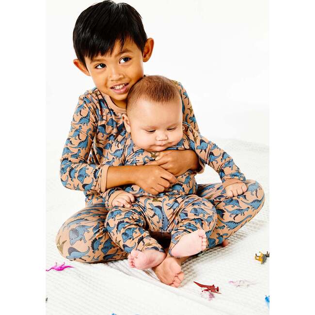 Dino Long Sleeve Pajama Set, Khaki And Blue - Pajamas - 4
