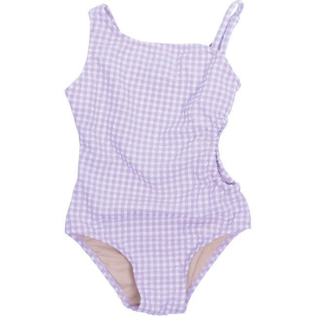 One Shoulder Cutout One-Piece Swimsuit, Purple Gingham