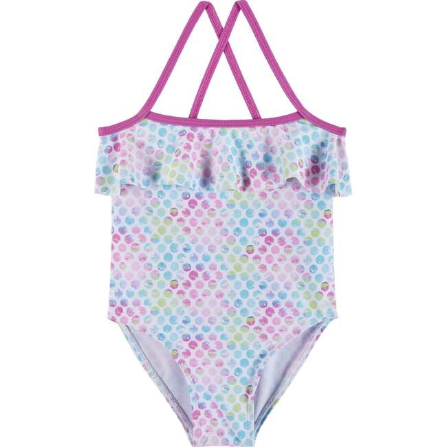 Tie-Dye Dotted Ruffle One-Piece Swim Suit, Aqua - One Pieces - 1