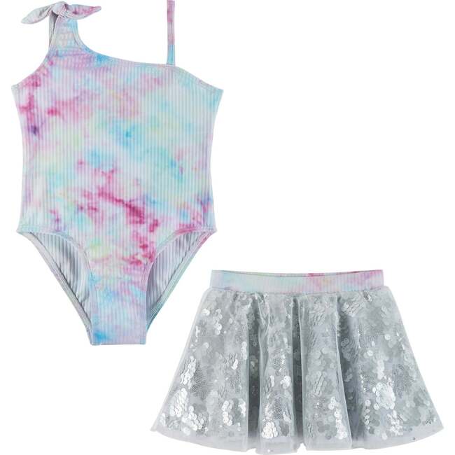 Swimsuit With Skirt Set, Pink And Silver