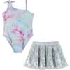 Swimsuit With Skirt Set, Pink And Silver - Mixed Apparel Set - 1 - thumbnail