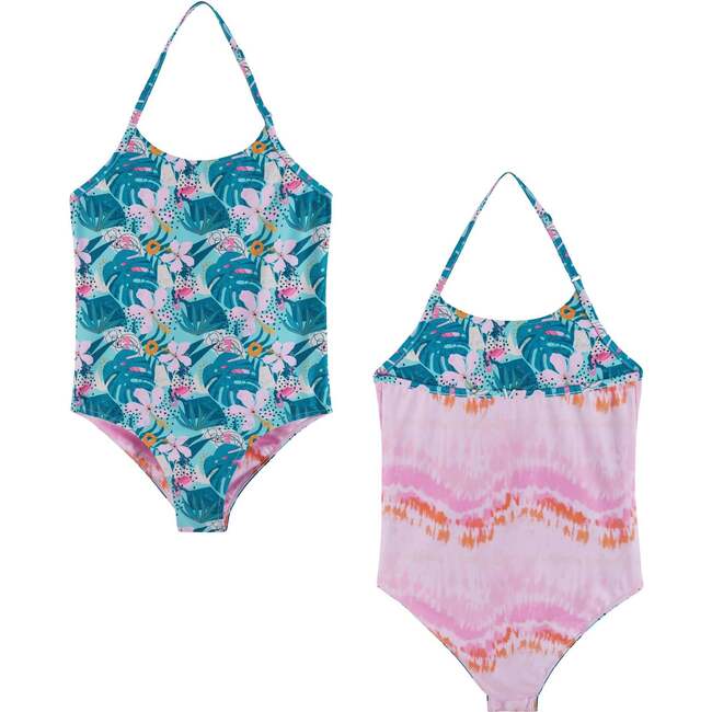 Tween Reversible Tropical Print Swim Suit, Green And Pink