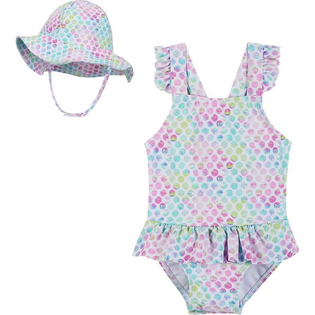 Tie-Dye Dotted One-piece Swim And Hat Set, Blue