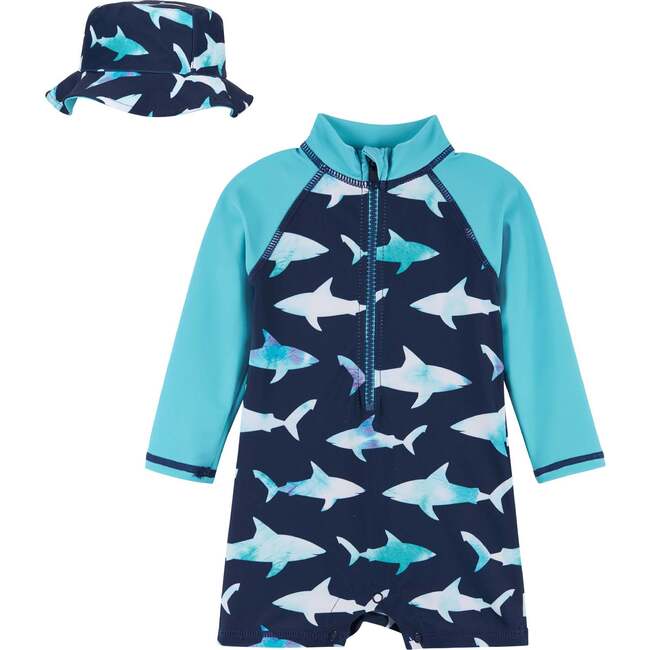 Tie-Dye Shark Swim Romper, Blue